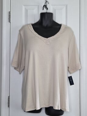 Karen Scott Cream Lace Trim V-Neck Top